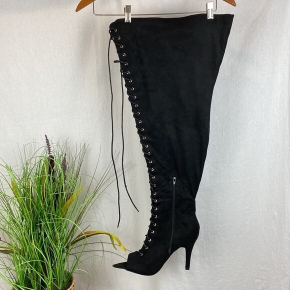 FTF Nadia Black Faux Suede Lace Up Thigh High Open Point Peep Toe Heel Boots 11 - Picture 3 of 11